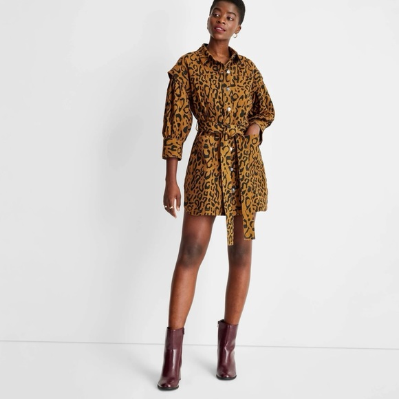 TARGET x Kahlana Barfield Brown Leopard Print LS Utility Denim A-Line Dress - Picture 2 of 15